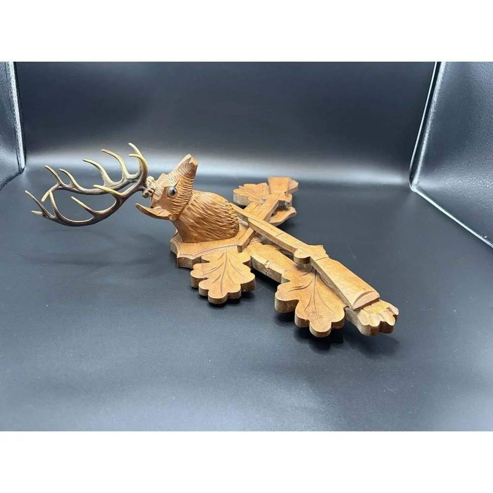Vintage German Cuckoo Clock Wood Deer Head w/ Horns Guns Topper Rustic Log Cabin